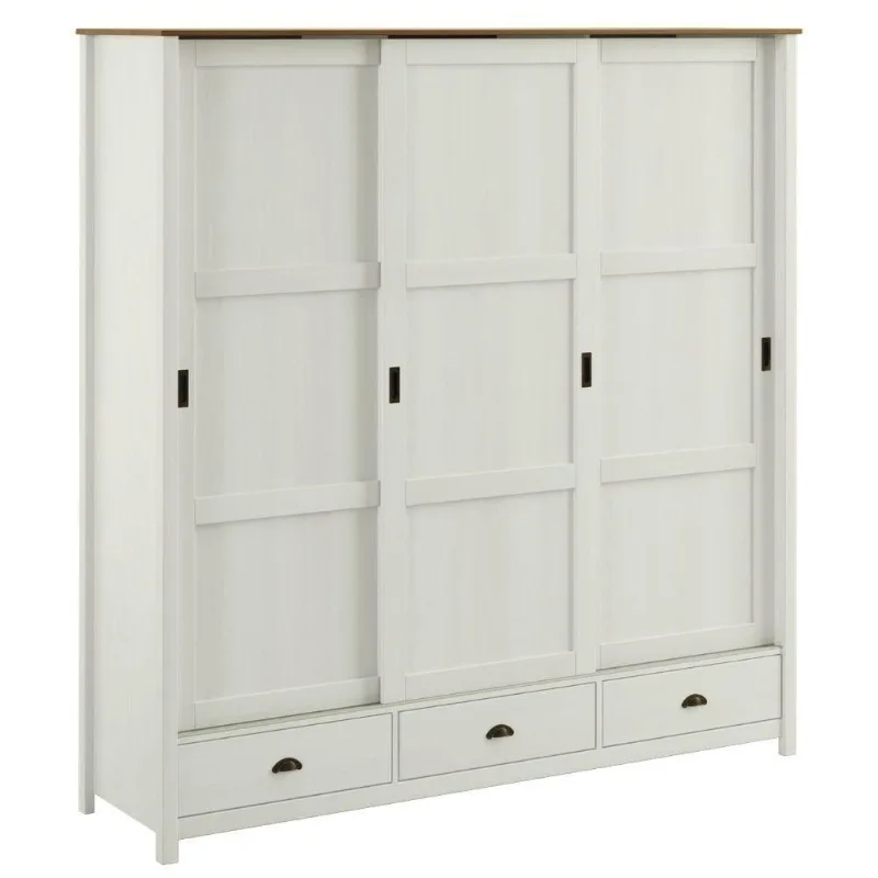 Guarda Roupa Casal 9179 3 Portas de Correr 3 Gavetas Madeira Maciça Taeda Branco Freijo Milani