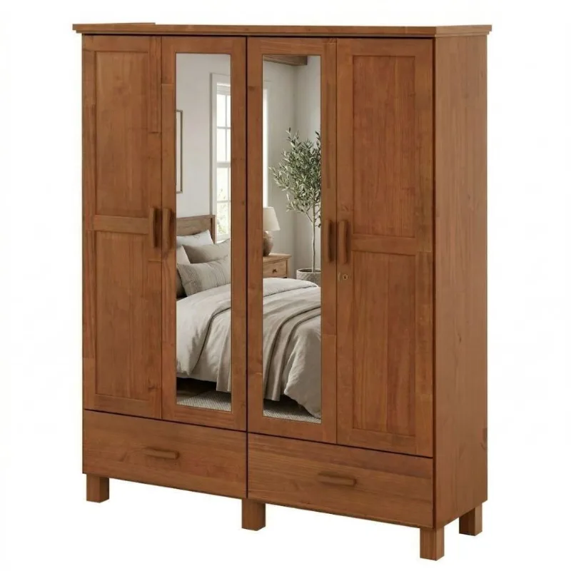 Guarda Roupa Casal 1142C 4 Portas Giratórias com Espelho Madeira Maciça Castanho Milani Movelaria