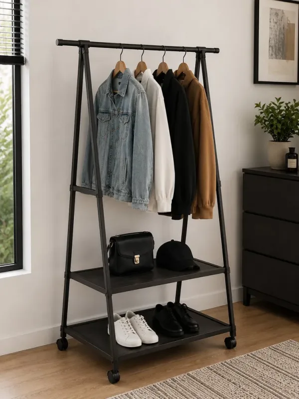 Arara Multiuso Para Roupas Fixa com Prateleiras - Preta