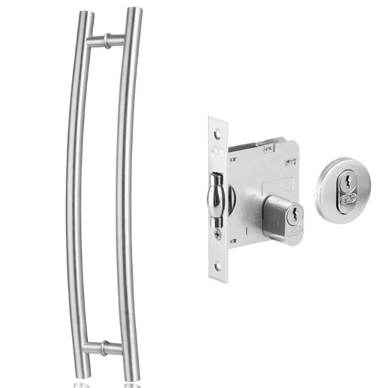 Puxador Porta tubo curvo C 60 cm + Fechadura rolete Escovado