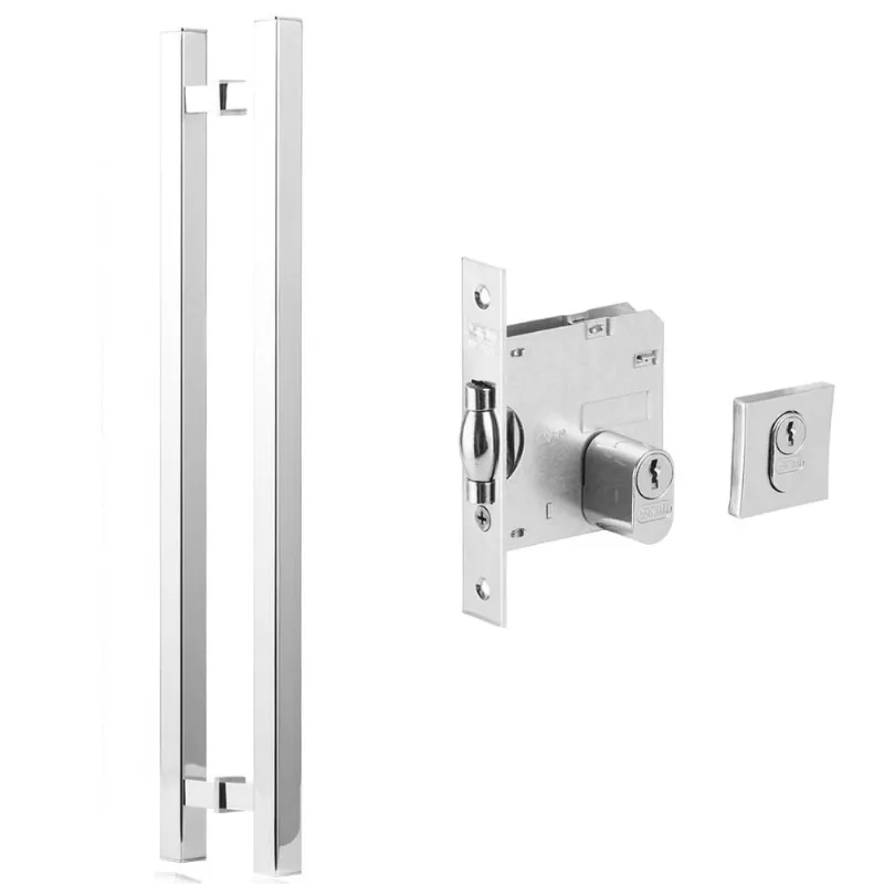 Puxador Porta tubo reto Quadrado 70cm + Fechadura rolete Po