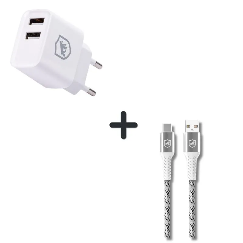 Kit Carregador de Parede Flex USB-A 12W + Cabo Nylon Kevlar USB-A / Tipo-C 1,5M - Branco - Gshield