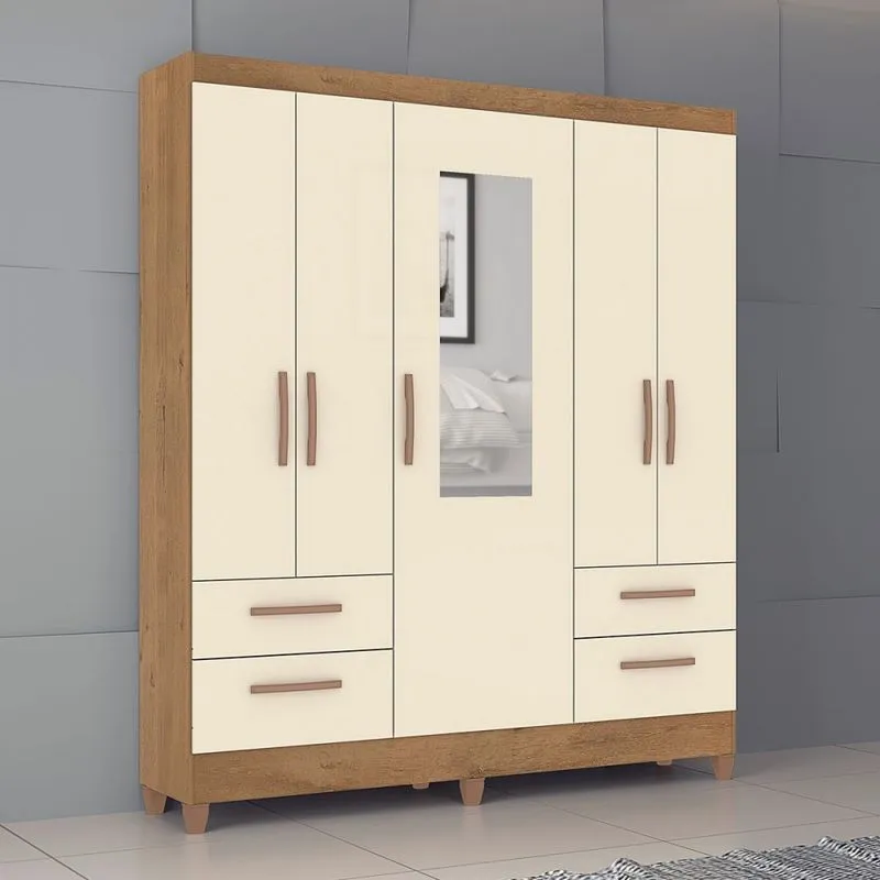 Guarda-Roupa Solteiro Vitoria 5 Portas 4 Gavetas com Espelho Canelato