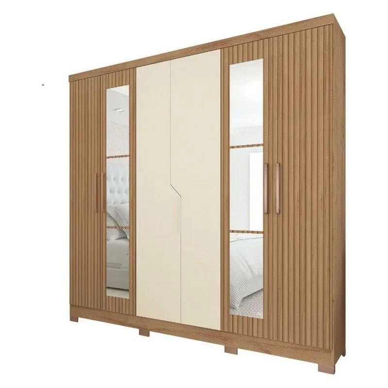 Guarda Roupa Casal 6 Portas 4 Gavetas Com Espelhos E Pés Chicago Atualle Canelato Rústico Com Natura Off White