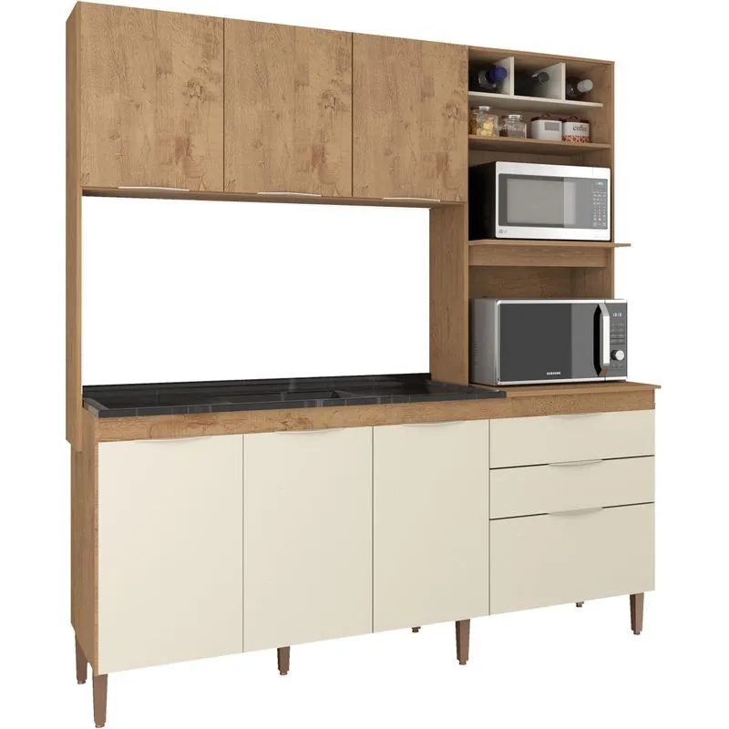 Cozinha Compacta 7 Portas 2 Gavetas Valência Atualle Canelato Rústico eOff White 182cm