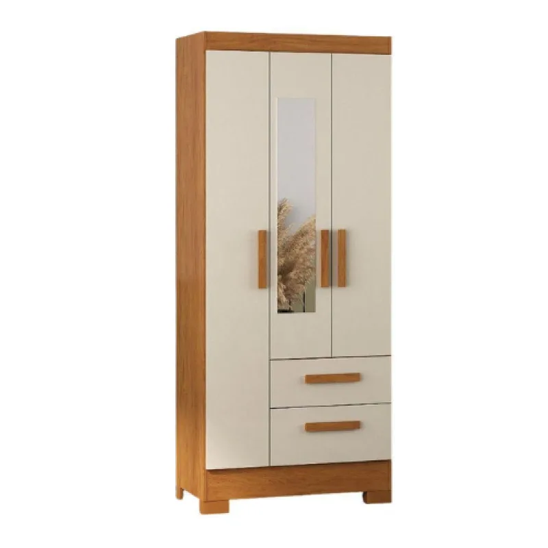 Guarda Roupa Solteiro Fortaleza Plus 3 Portas de Bater 2 Gavetas MDP Nogueira com Off White Atualle