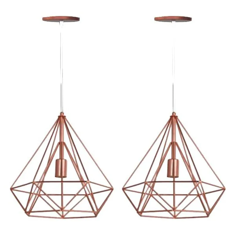 Kit 2 Pendente Aramado Diamante Pirâmide Cobre Cabo Branco
