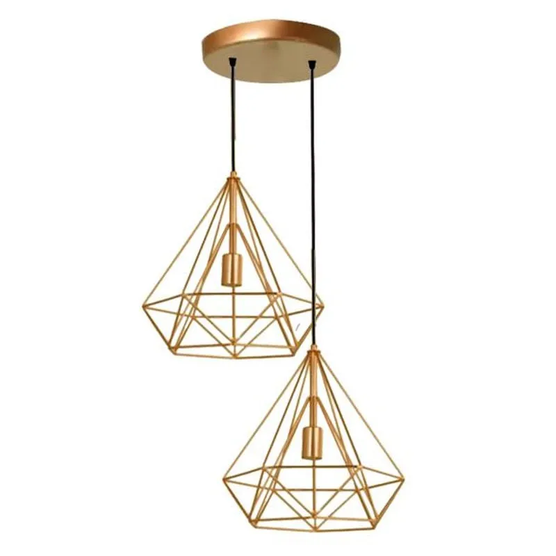 Lustre Pendente Aramado Duplo Diamante Pirâmide Dourado