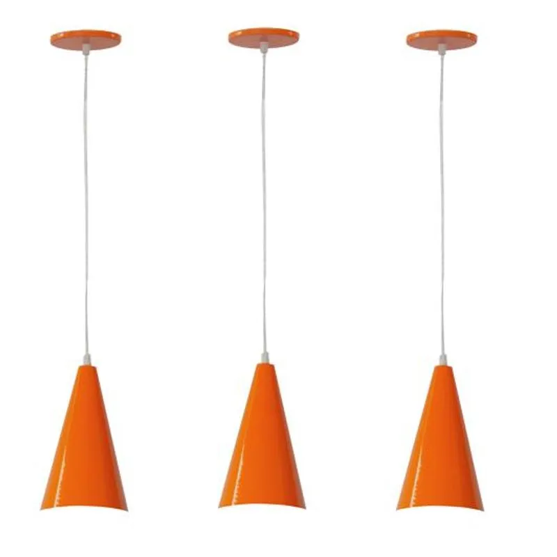 Kit 3 Luminária Pendente Cone De Alumínio Laranja