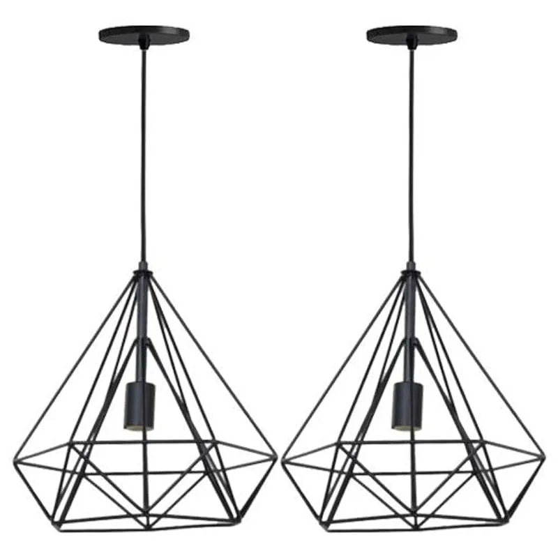 Kit 2 Lustre Pendente Aramado Diamante Pirâmide Preto Fosco