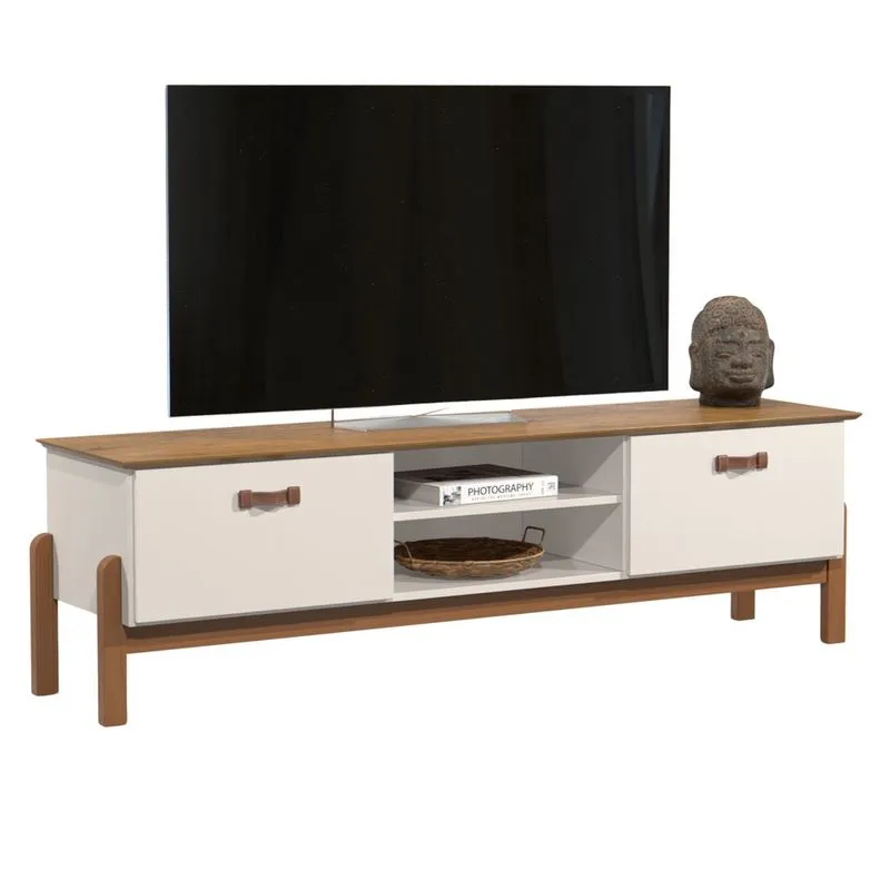 Rack Bancada Sala De Estar para Tv de até 60 Polegadas com Puxadores em Couro e Pés em Madeira Maciça 2 Portas Sonetto 1,60m - Offwhite/Freijó