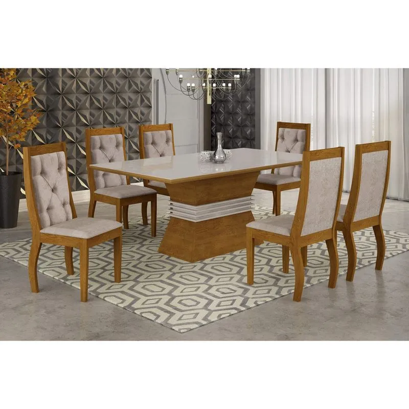 Conjunto Sala de Jantar Mesa Tampo MDF/Vidro 180 Quina Reta 6 Cadeiras Clarice Rufato Imbuia/Off White/Suedi Amassado Chocolate