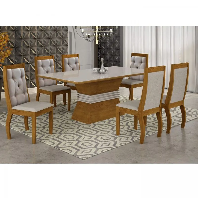 Conjunto Sala de Jantar Mesa Tampo MDF/Vidro 180 Quina Reta 6 Cadeiras Clarice Rufato Imbuia/Off White/Turim 07