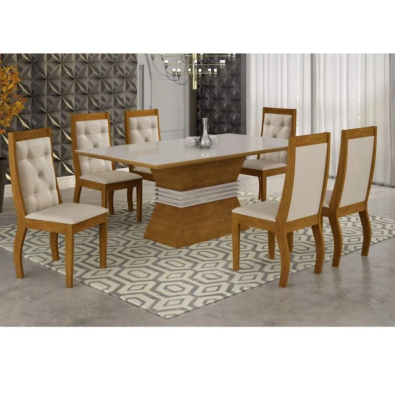 Conjunto Sala de Jantar Mesa Tampo MDF/Vidro 180 Quina Reta 6 Cadeiras Clarice Rufato Imbuia/Off White/Veludo Creme