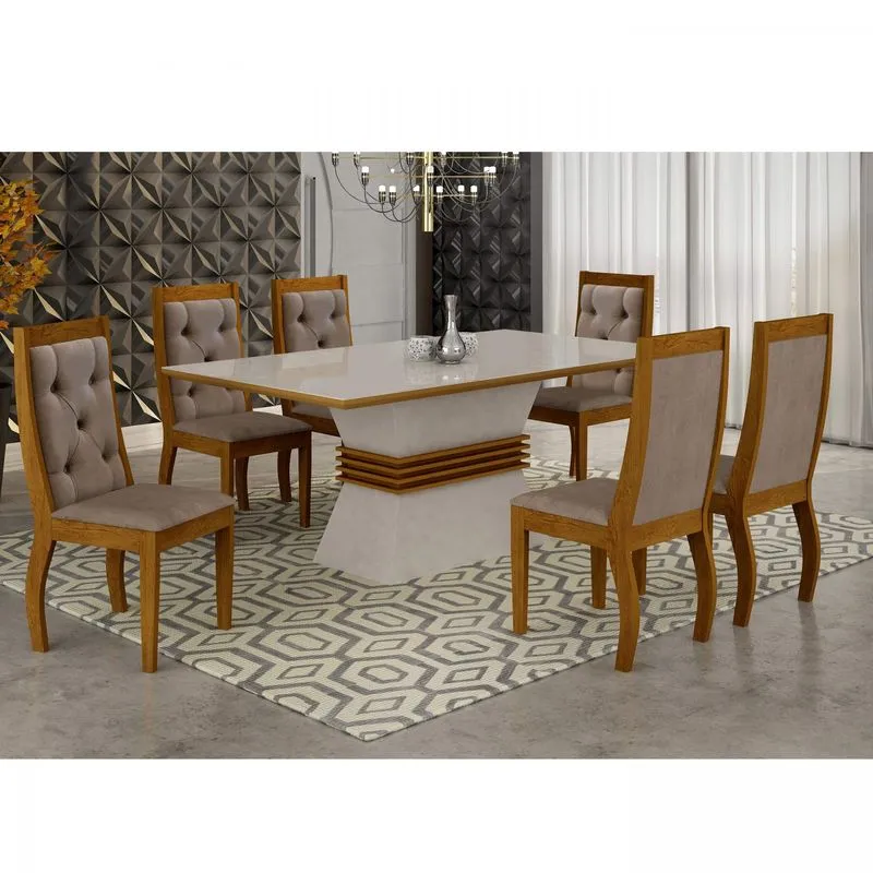 Conjunto Sala de Jantar Mesa Tampo MDF/Vidro 180 Quina Reta 6 Cadeiras Clarice Rufato Off White/Imbuia/Animalle Chocolate