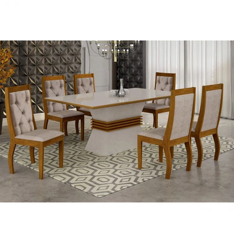 Conjunto Sala de Jantar Mesa Tampo MDF/Vidro 180 Quina Reta 6 Cadeiras Clarice Rufato Off White/Imbuia/Suedi Amassado Chocolate
