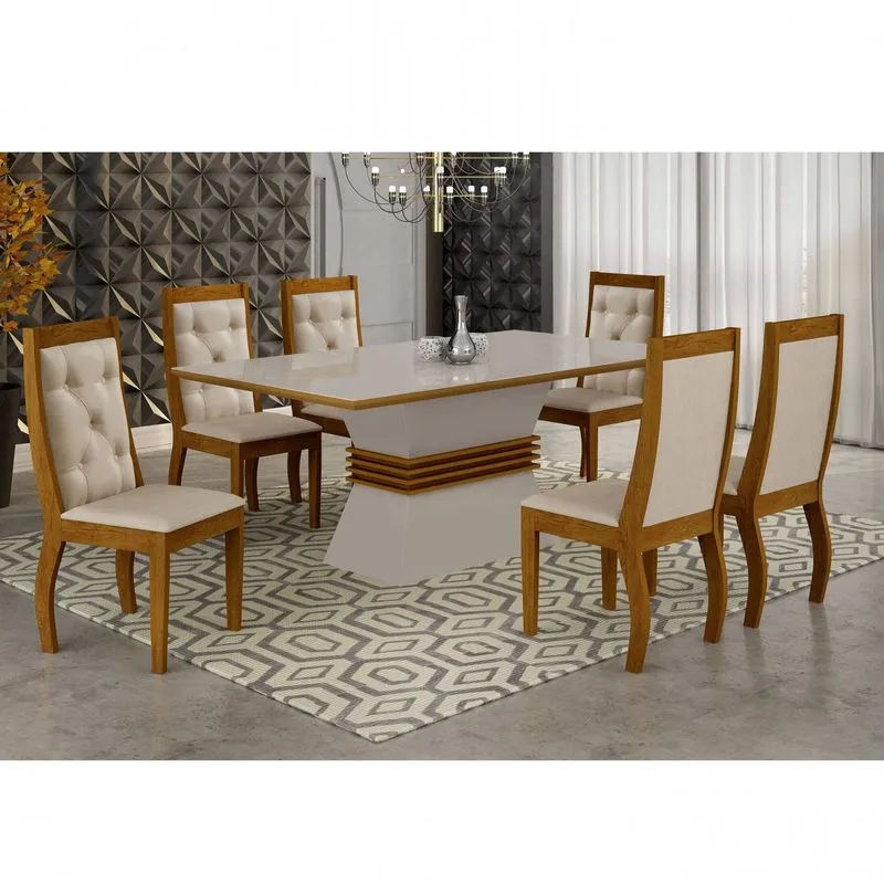 Conjunto Sala de Jantar Mesa Tampo MDF/Vidro 180 Quina Reta 6 Cadeiras Clarice Rufato Off White/Imbuia/Veludo Creme