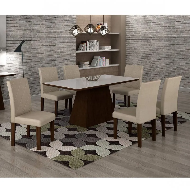 Conjunto Sala de Jantar Mesa Luna Tampo MDF/Vidro 180cm 6 Cadeiras Irlanda Rufato Castor/Veludo Creme