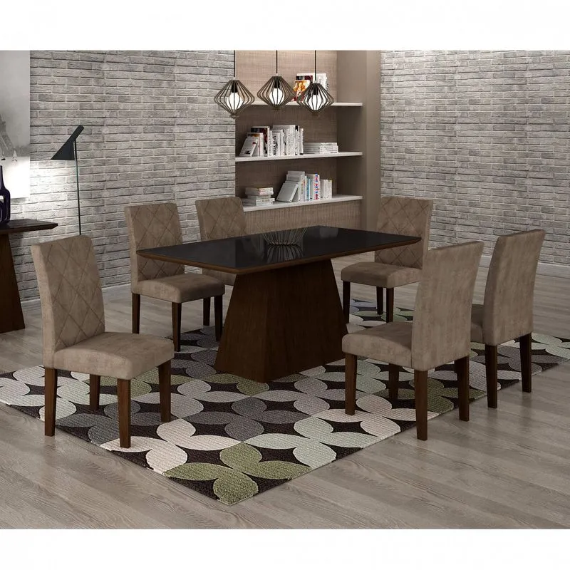 Conjunto Sala de Jantar Mesa Luna Tampo MDF/Vidro 180cm 6 Cadeiras Irlanda Rufato Castor/Animalle Chocolate