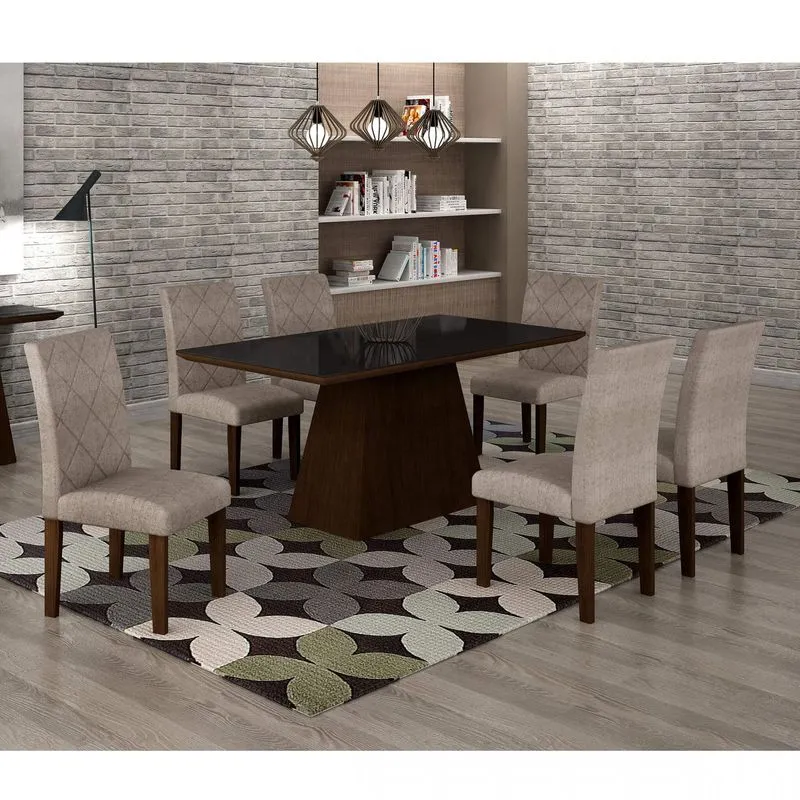 Conjunto Sala de Jantar Mesa Luna Tampo MDF/Vidro 180cm 6 Cadeiras Irlanda Rufato Castor/Suede Chocolate