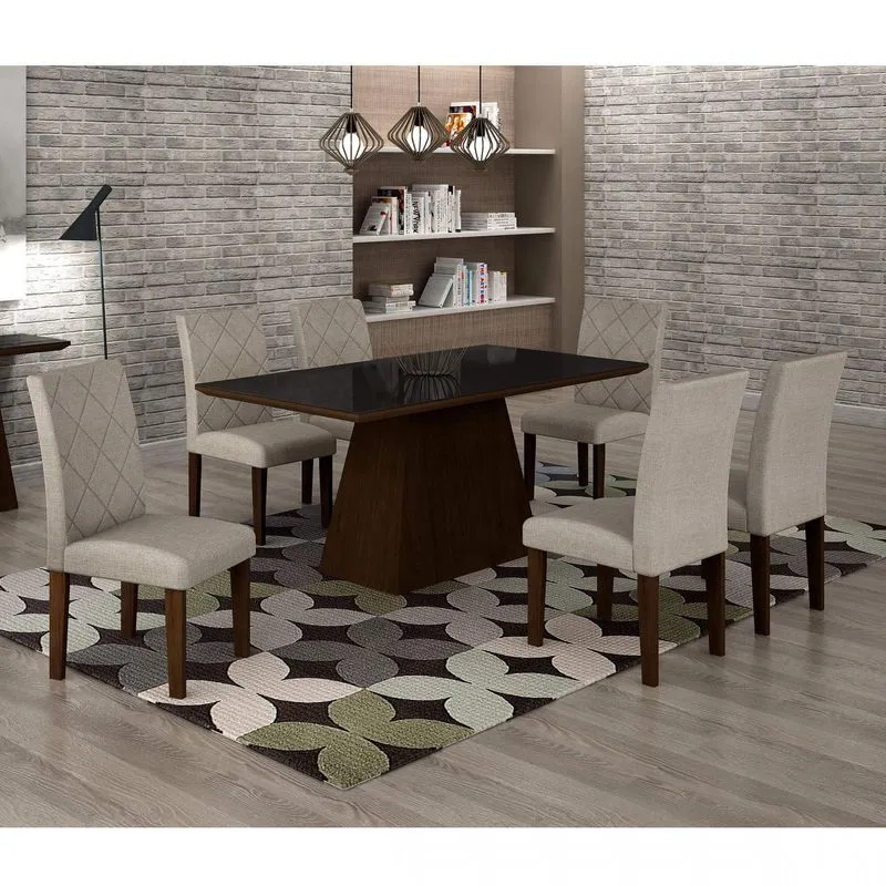 Conjunto Sala de Jantar Mesa Luna Tampo MDF/Vidro 180cm 6 Cadeiras Irlanda Rufato Castor/Turim