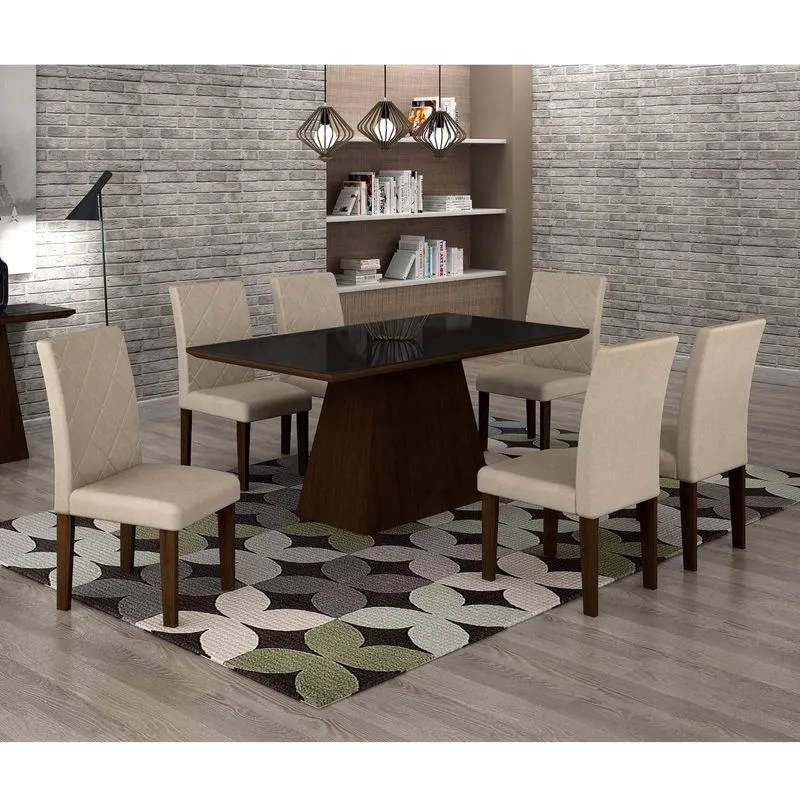 Conjunto Sala de Jantar Mesa Luna Tampo MDF/Vidro 180cm 6 Cadeiras Irlanda Rufato Castor/Veludo Creme