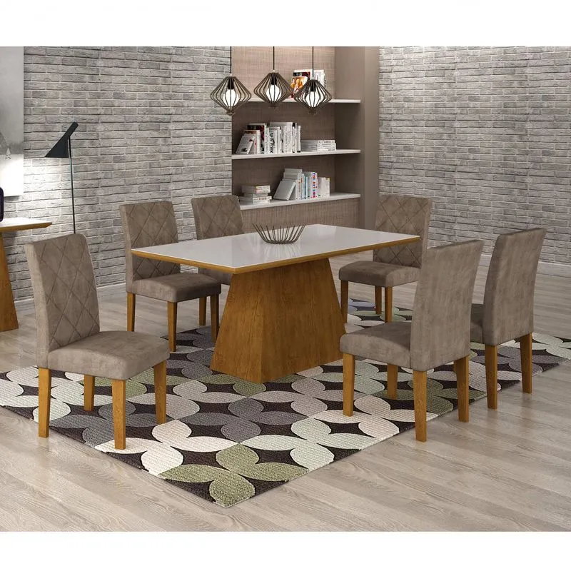 Conjunto Sala de Jantar Mesa Luna Tampo MDF/Vidro 180cm 6 Cadeiras Irlanda Rufato Imbuia/Animalle Chocolate
