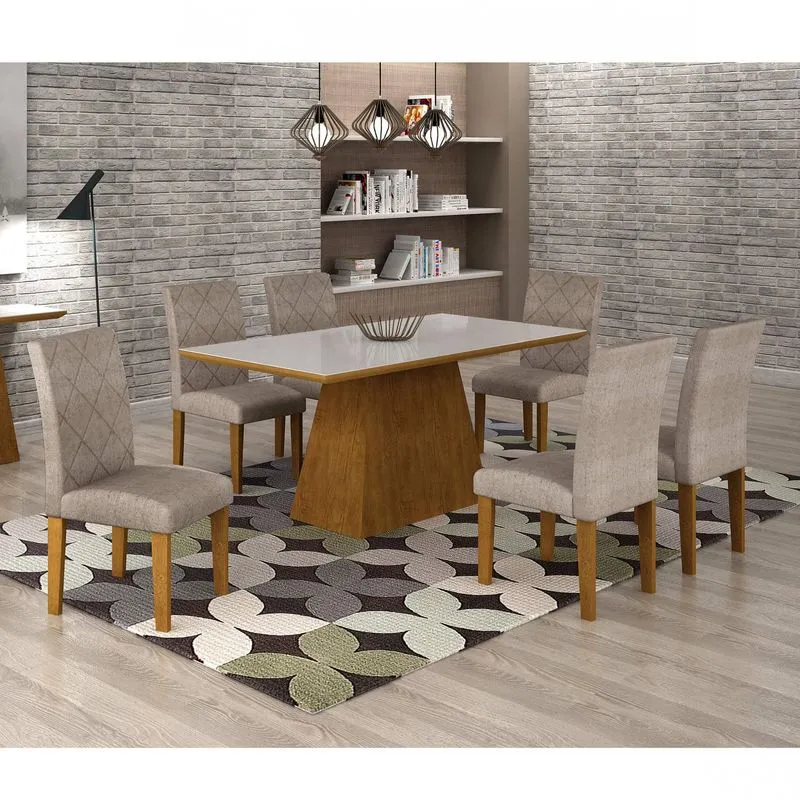 Conjunto Sala de Jantar Mesa Luna Tampo MDF/Vidro 180cm 6 Cadeiras Irlanda Rufato Imbuia/Suede Chocolate