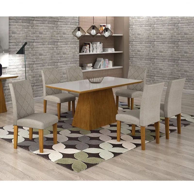 Conjunto Sala de Jantar Mesa Luna Tampo MDF/Vidro 180cm 6 Cadeiras Irlanda Rufato Imbuia/Turim