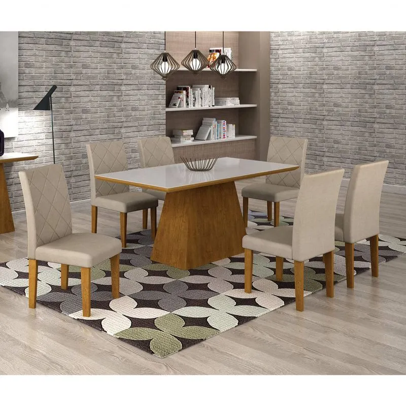 Conjunto Sala de Jantar Mesa Luna Tampo MDF/Vidro 180cm 6 Cadeiras Irlanda Rufato Imbuia/Veludo Creme