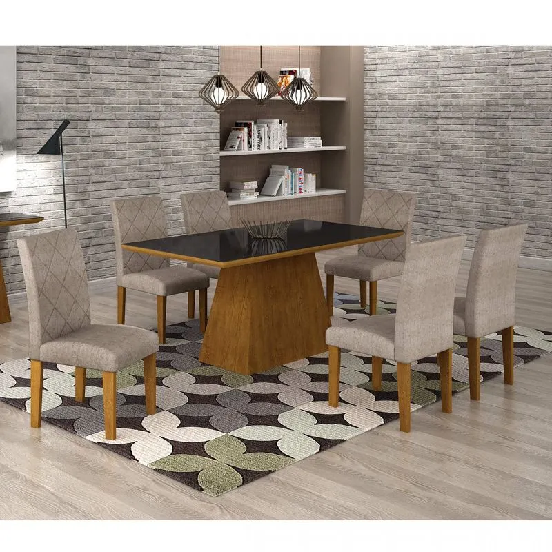 Conjunto Sala de Jantar Mesa Luna Tampo MDF/Vidro 180cm 6 Cadeiras Irlanda Rufato Imbuia/Suede Chocolate
