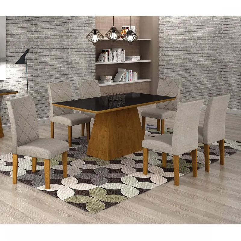 Conjunto Sala de Jantar Mesa Luna Tampo MDF/Vidro 180cm 6 Cadeiras Irlanda Rufato Imbuia/Turim