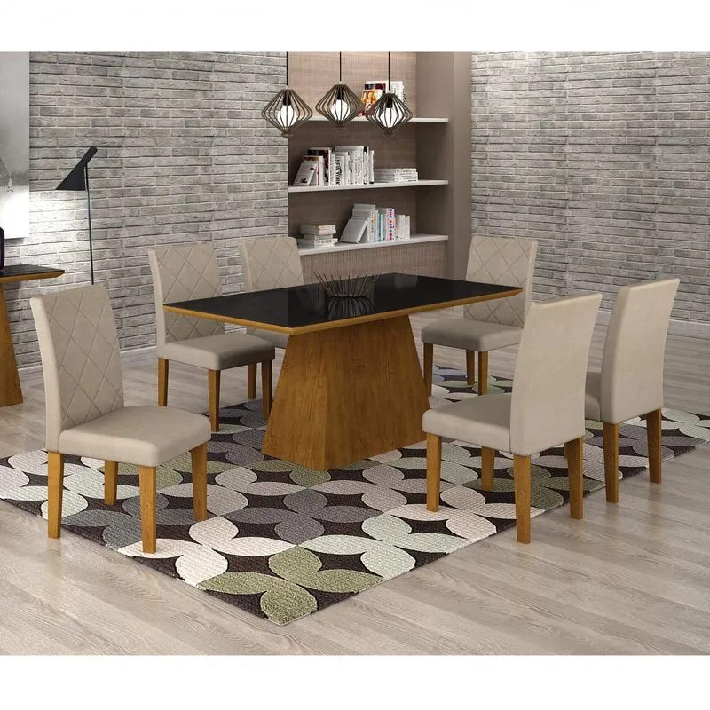 Conjunto Sala de Jantar Mesa Luna Tampo MDF/Vidro 180cm 6 Cadeiras Irlanda Rufato Imbuia/Veludo Creme