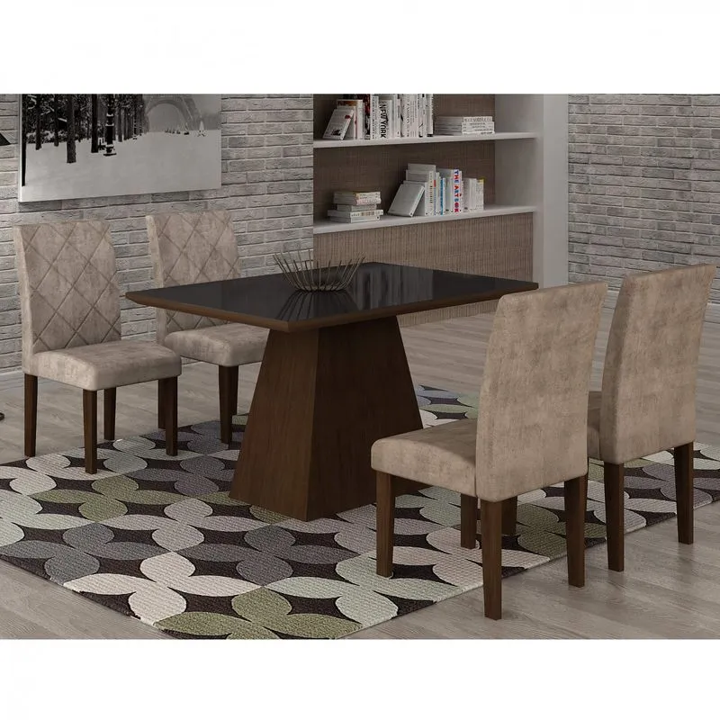 Conjunto Sala de Jantar Mesa Luna Tampo MDF/Vidro 120cm 4 Cadeiras Irlanda Rufato Castor/Animalle Chocolate