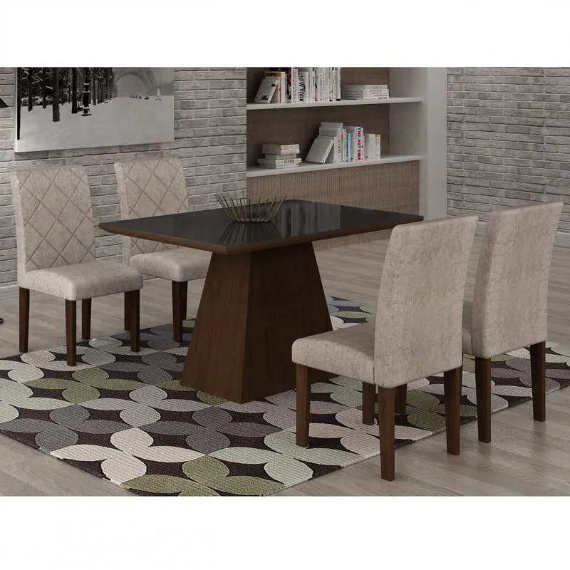 Conjunto Sala de Jantar Mesa Luna Tampo MDF/Vidro 120cm 4 Cadeiras Irlanda Rufato Castor/Suede Chocolate