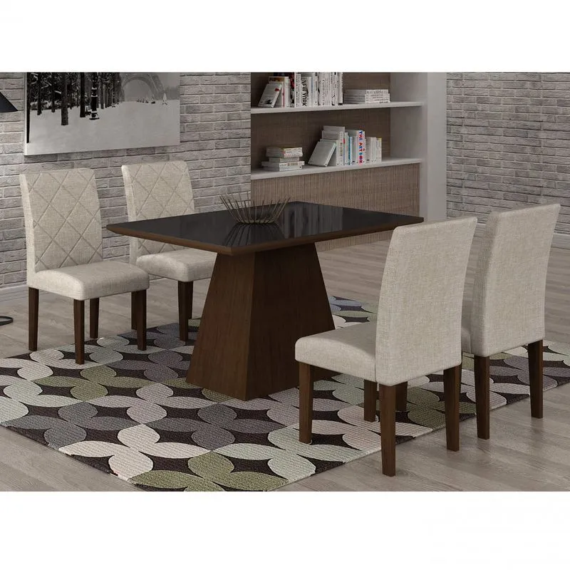 Conjunto Sala de Jantar Mesa Luna Tampo MDF/Vidro 120cm 4 Cadeiras Irlanda Rufato Castor/Turim