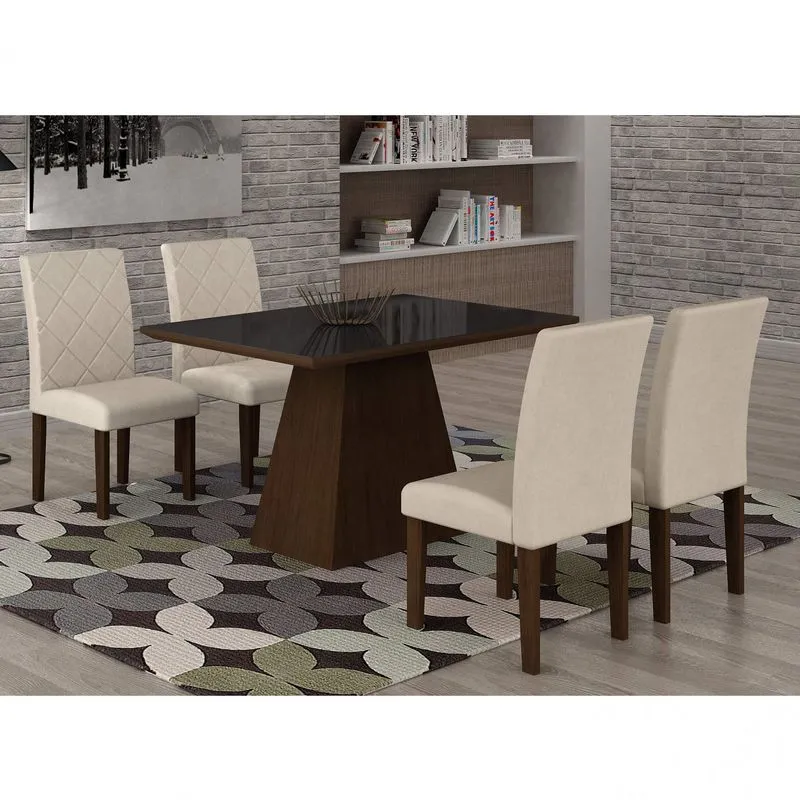 Conjunto Sala de Jantar Mesa Luna Tampo MDF/Vidro 120cm 4 Cadeiras Irlanda Rufato Castor/Veludo Creme