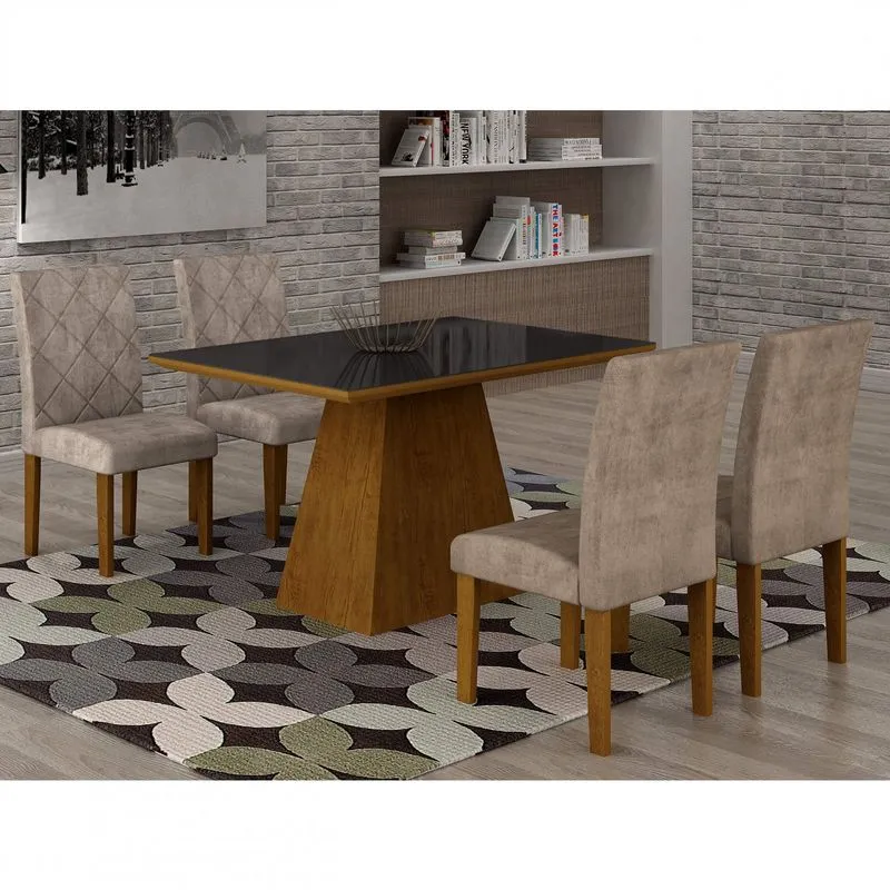 Conjunto Sala de Jantar Mesa Luna Tampo MDF/Vidro 120cm 4 Cadeiras Irlanda Rufato Imbuia/Animalle Chocolate