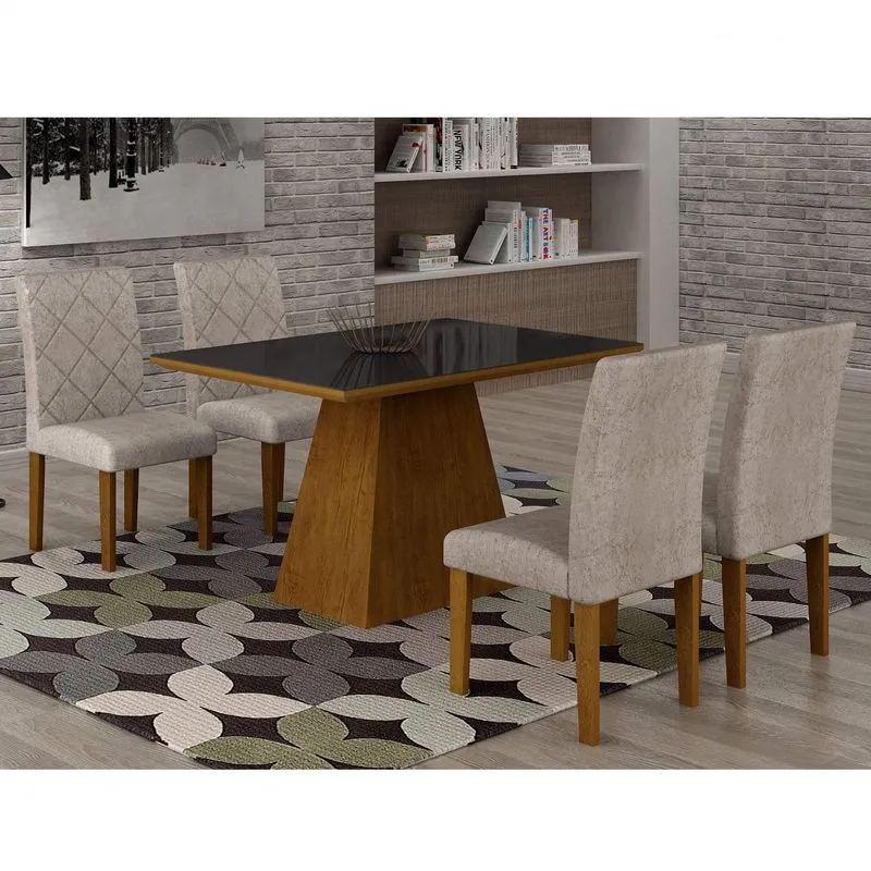 Conjunto Sala de Jantar Mesa Luna Tampo MDF/Vidro 120cm 4 Cadeiras Irlanda Rufato Imbuia/Suede Chocolate