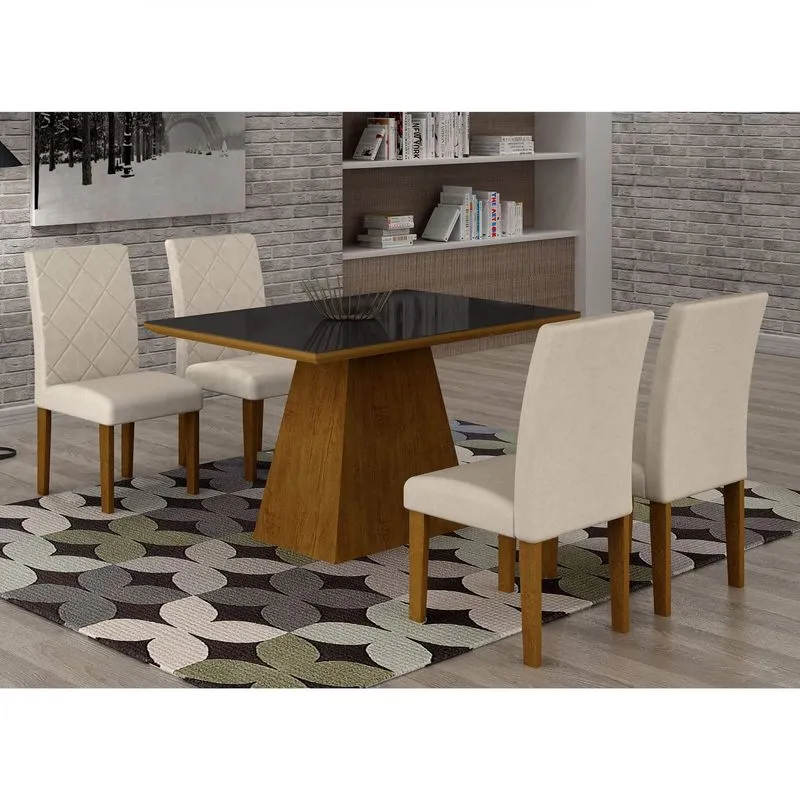 Conjunto Sala de Jantar Mesa Luna Tampo MDF/Vidro 120cm 4 Cadeiras Irlanda Rufato Imbuia/Veludo Creme