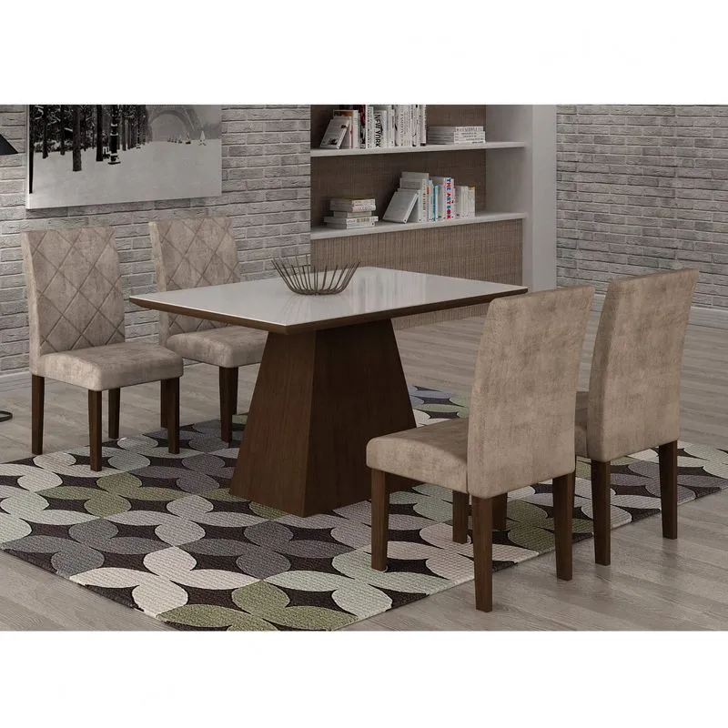 Conjunto Sala de Jantar Mesa Luna Tampo MDF/Vidro 120cm 4 Cadeiras Irlanda Rufato Castor/Animalle Chocolate