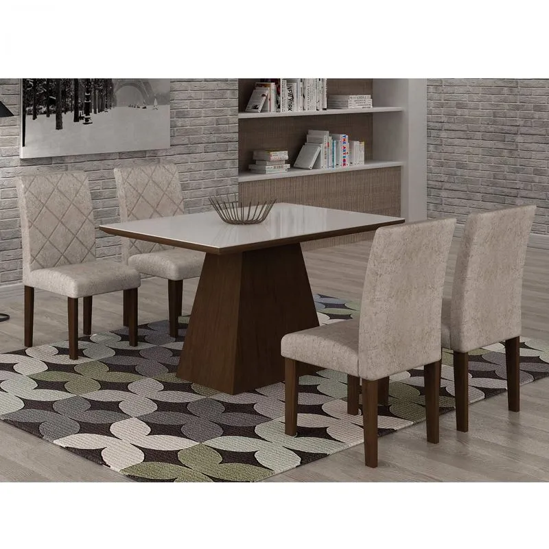 Conjunto Sala de Jantar Mesa Luna Tampo MDF/Vidro 120cm 4 Cadeiras Irlanda Rufato Castor/Suede Chocolate