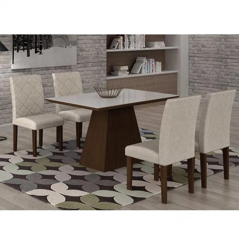 Conjunto Sala de Jantar Mesa Luna Tampo MDF/Vidro 120cm 4 Cadeiras Irlanda Rufato Castor/Turim