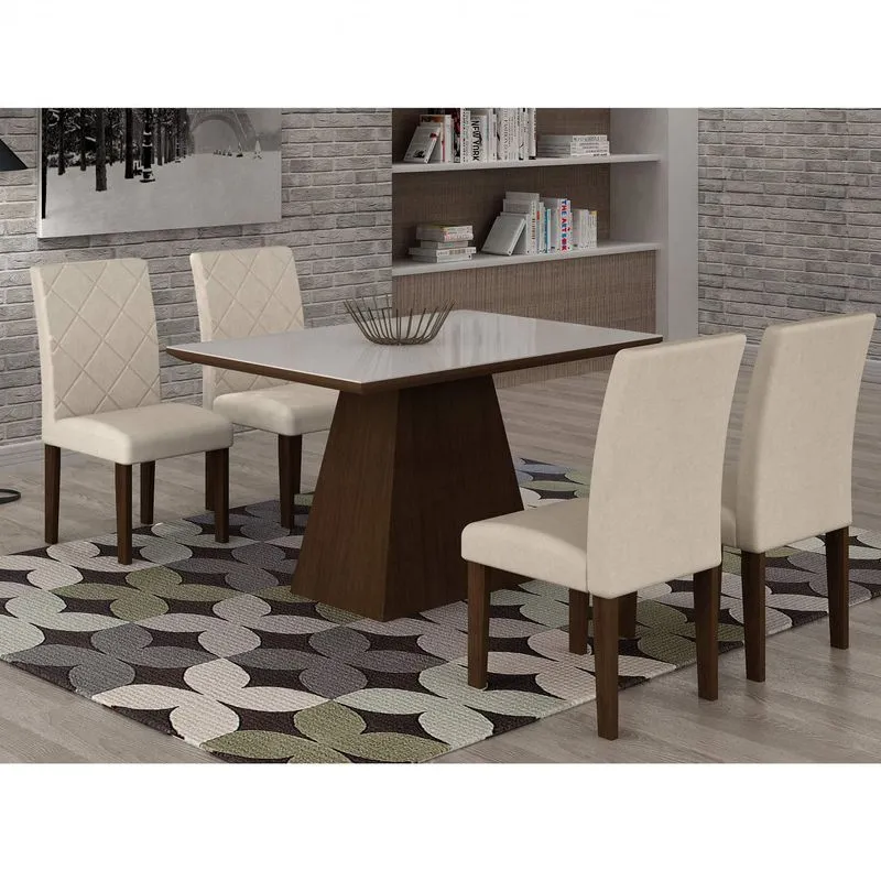 Conjunto Sala de Jantar Mesa Luna Tampo MDF/Vidro 120cm 4 Cadeiras Irlanda Rufato Castor/Veludo Creme