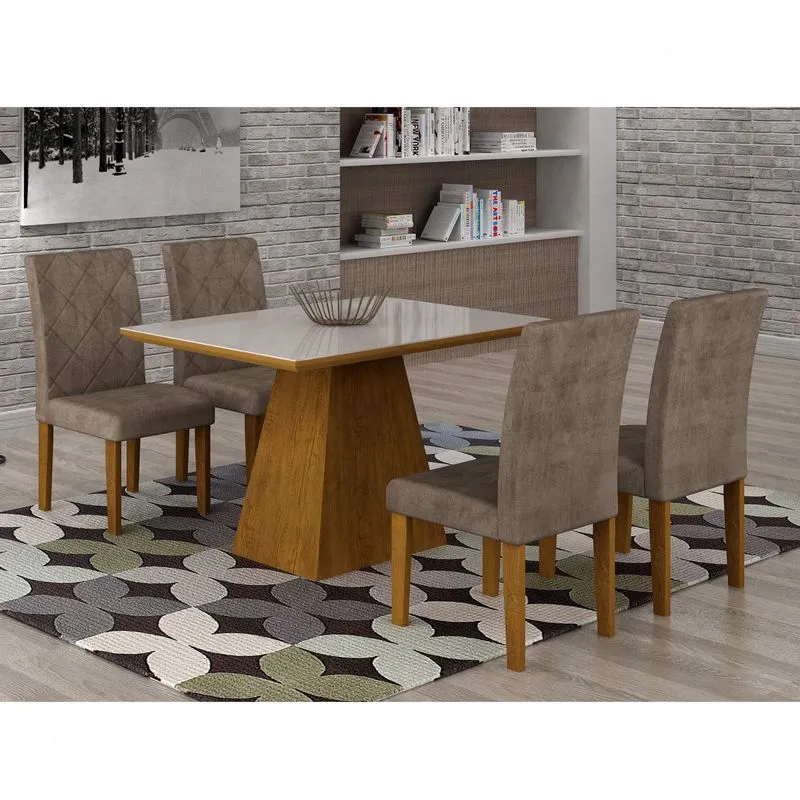Conjunto Sala de Jantar Mesa Luna Tampo MDF/Vidro 120cm 4 Cadeiras Irlanda Rufato Imbuia/Animalle Chocolate