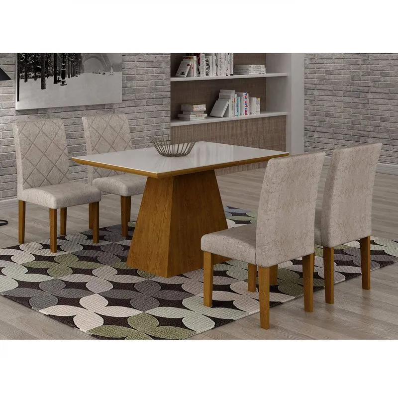 Conjunto Sala de Jantar Mesa Luna Tampo MDF/Vidro 120cm 4 Cadeiras Irlanda Rufato Imbuia/Suede Chocolate