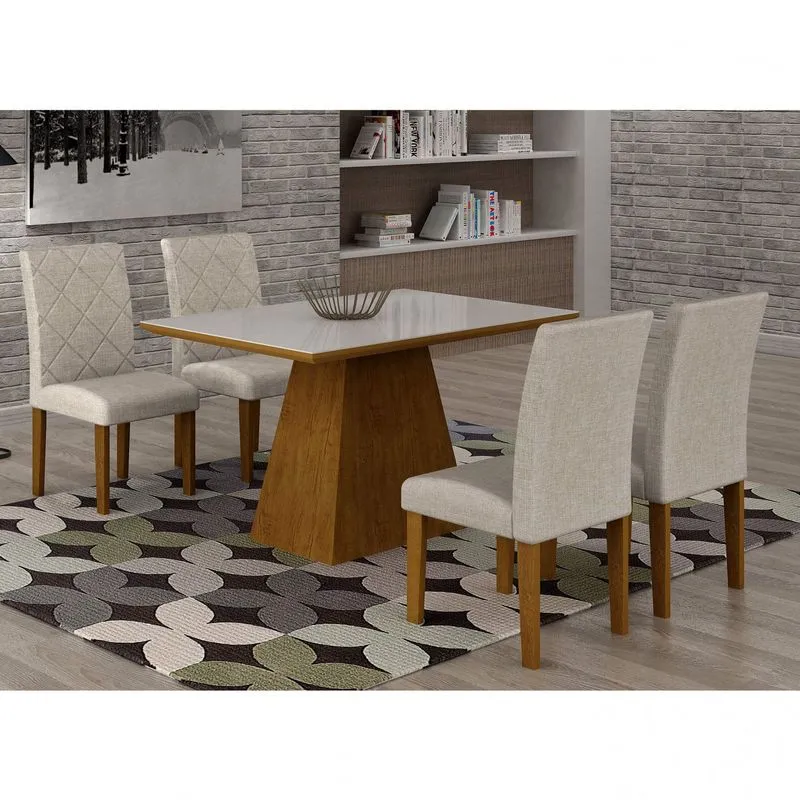 Conjunto Sala de Jantar Mesa Luna Tampo MDF/Vidro 120cm 4 Cadeiras Irlanda Rufato Imbuia/Turim