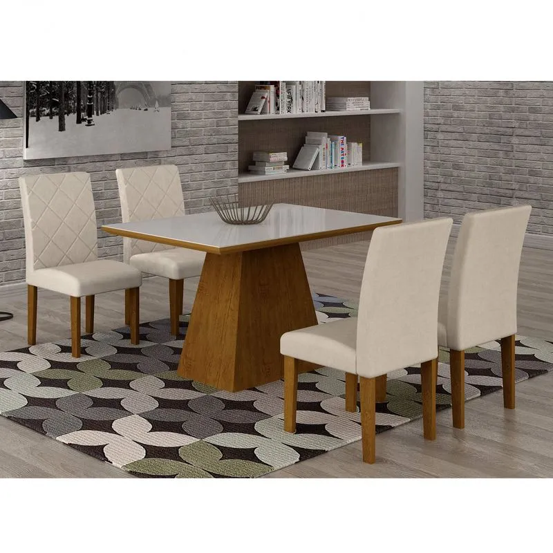 Conjunto Sala de Jantar Mesa Luna Tampo MDF/Vidro 120cm 4 Cadeiras Irlanda Rufato Imbuia/Veludo Creme