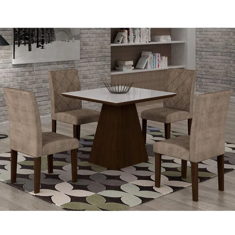 Conjunto Sala de Jantar Mesa Luna Tampo MDF/Vidro 90cm 4 Cadeiras Irlanda Rufato Castor/Animalle Chocolate