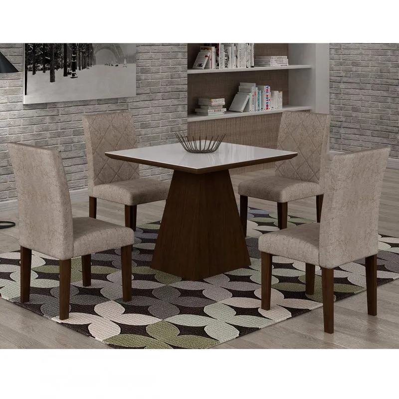 Conjunto Sala de Jantar Mesa Luna Tampo MDF/Vidro 90cm 4 Cadeiras Irlanda Rufato Castor/Castor/Suede Amassado Chocolate